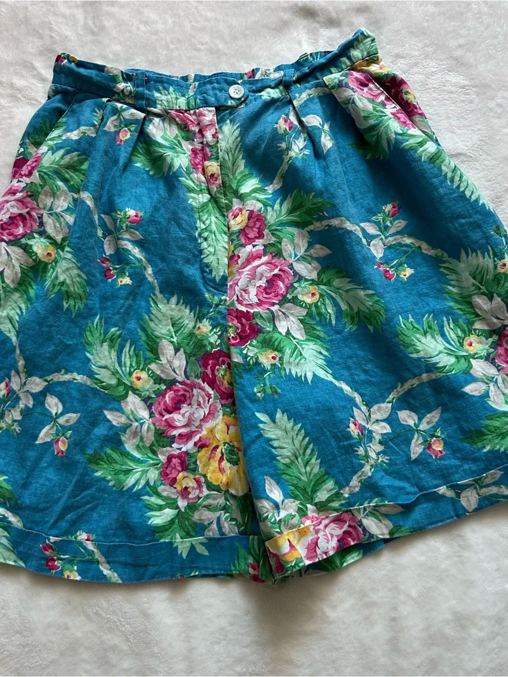 Lauren Ralph Lauren Blue Floral 100% Linen High-Waist Button-Front Shorts Size 6